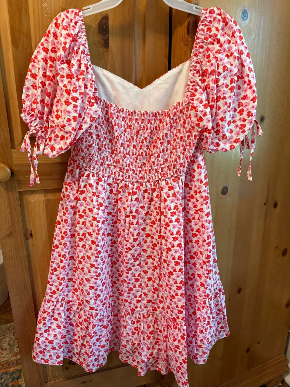 Pink & Red Floral Puff-Sleeve Sweetheart Dress